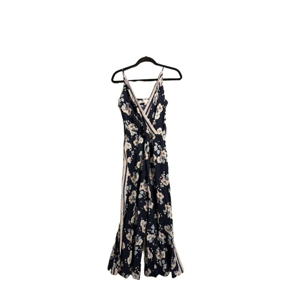 Seafolly Navy Floral Print Striped V Neck Sleeveless Wide Leg Wrap Jumpsuit S